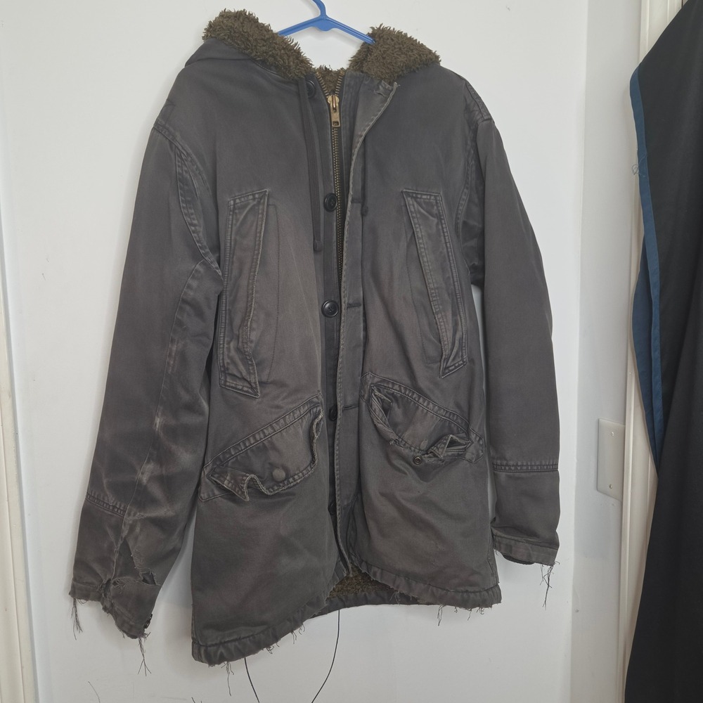 Abercrombie & Fitch Mens Gray Hooded Sherpa Parka Work Jacket‎ Distressed Size S